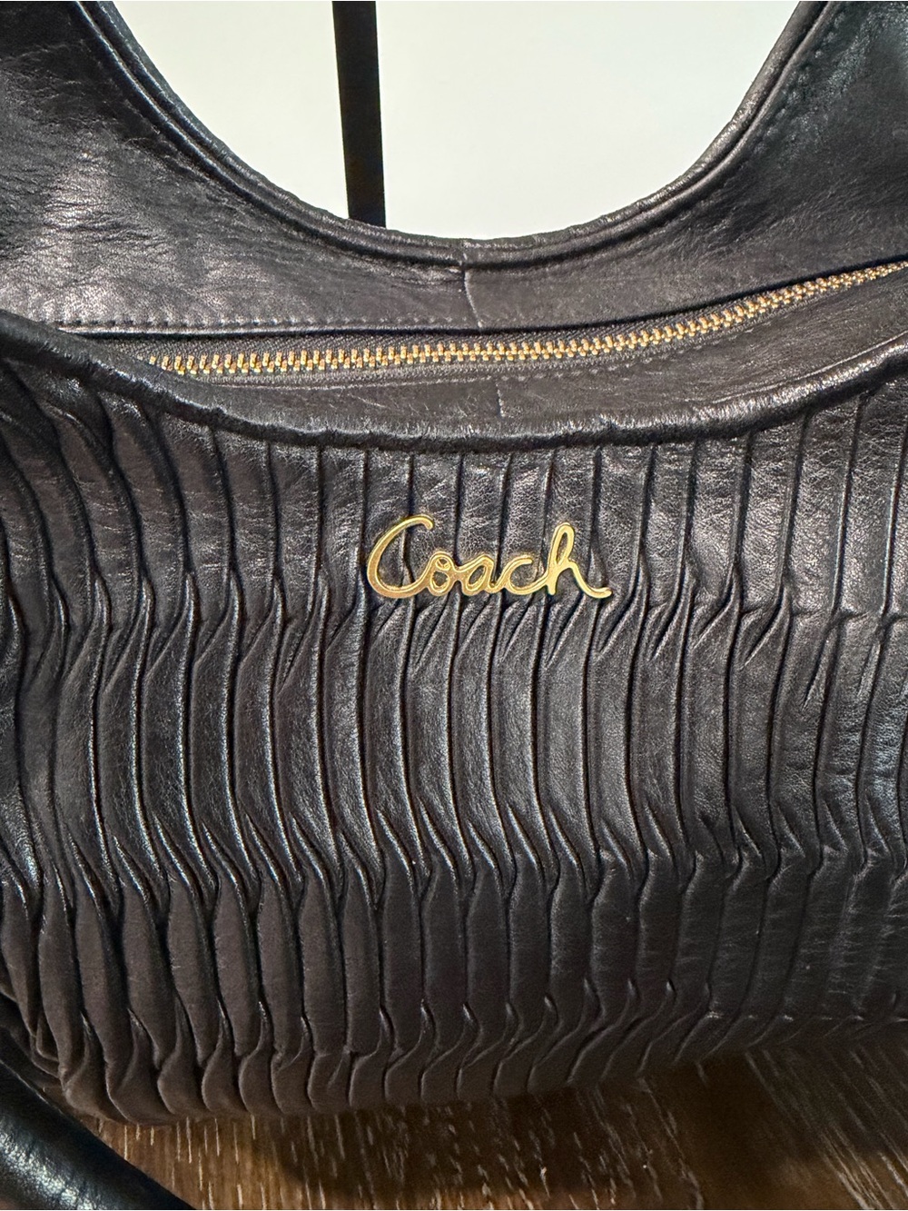 Coach Ashley Black Gathered Leather Shoulder Bag with Brass Accent F23928 - Picture 3 of 10